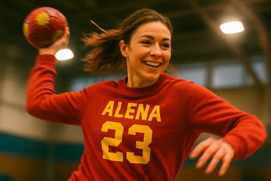 Alena v šprotovom tričku s potlačou meno a číslo
