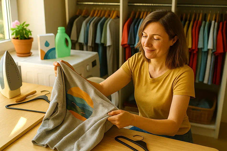 Žena kontroluje pranie potlačeného textilu mikiny